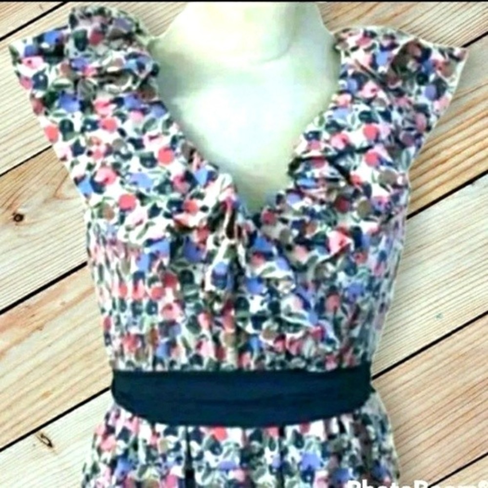 RUFFLE COLLAR TOP PEPLUM TOP BELTED NAVY BLUE FLORAL WOMENS 6